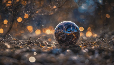 blurry, tree, no humans, night, depth of field, moon, scenery, light particles, lantern, planet, orb, paper lantern