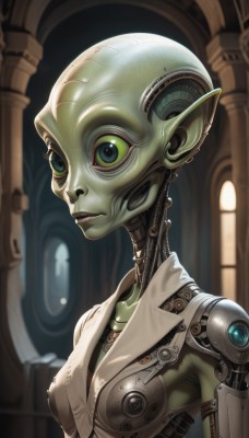 1girl,solo,breasts,medium breasts,green eyes,upper body,pointy ears,lips,colored skin,robot,science fiction,android,bald,green skin,cyborg,alien,cyberpunk,humanoid robot,looking at viewer,closed mouth,small breasts,indoors,from side,nose,joints,pillar,robot joints,statue