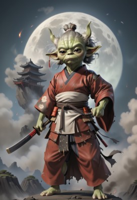 1girl,solo,looking at viewer,1boy,holding,brown eyes,closed mouth,standing,full body,weapon,male focus,outdoors,japanese clothes,horns,sky,barefoot,pointy ears,sword,artist name,cloud,kimono,holding weapon,black eyes,torn clothes,sash,night,colored skin,holding sword,moon,katana,sheath,child,full moon,fantasy,red kimono,scabbard,green skin,architecture,east asian architecture,topknot,goblin,short hair,long sleeves,jewelry,grey hair,earrings,armor,night sky,sheathed,castle