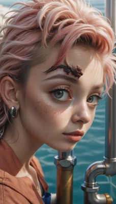 1girl,solo,looking at viewer,short hair,brown eyes,jewelry,pink hair,multicolored hair,earrings,outdoors,parted lips,day,water,blurry,lips,grey eyes,eyelashes,blurry background,ocean,piercing,portrait,close-up,freckles,realistic,nose,closed mouth,dirty