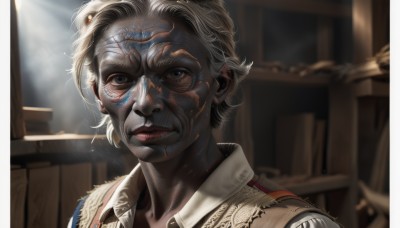 1girl,solo,looking at viewer,short hair,blue eyes,shirt,1boy,closed mouth,white hair,grey hair,male focus,indoors,blurry,black eyes,vest,lips,grey eyes,blurry background,scar,portrait,realistic,nose,red lips,old,dirty,dirty face,old woman,wrinkled skin,upper body,depth of field,sunlight,facepaint,stitches