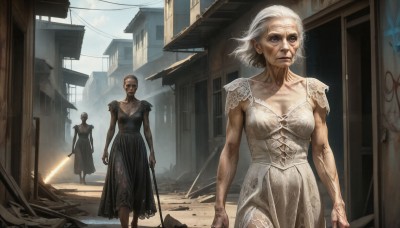 HQ,breasts,short hair,blue eyes,multiple girls,dress,holding,2girls,cleavage,jewelry,medium breasts,collarbone,weapon,white hair,outdoors,day,sword,3girls,necklace,holding weapon,white dress,black dress,scar,holding sword,building,walking,realistic,old,old man,energy sword,old woman,lightsaber,1boy,armor,makeup,muscular,science fiction,veins