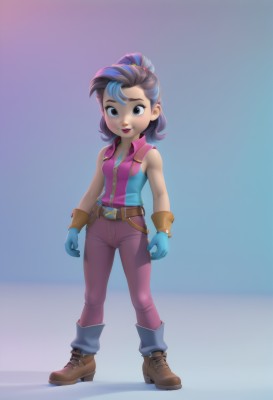 1girl,solo,breasts,looking at viewer,smile,open mouth,brown hair,shirt,black hair,gloves,bare shoulders,brown eyes,blue hair,standing,full body,ponytail,purple hair,multicolored hair,small breasts,boots,teeth,sleeveless,belt,pants,black eyes,vest,two-tone hair,lips,streaked hair,sleeveless shirt,makeup,blue background,brown footwear,lipstick,zipper,blue gloves,female child,ankle boots,zipper pull tab,sleeveless jacket,long hair,watermark