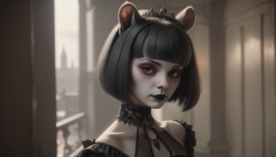 1girl,solo,looking at viewer,short hair,bangs,black hair,dress,animal ears,bare shoulders,brown eyes,jewelry,closed mouth,collarbone,upper body,choker,artist name,blunt bangs,blurry,black eyes,black dress,lips,eyelashes,makeup,blurry background,bob cut,tiara,lipstick,portrait,gothic,black lips,breasts,black choker,crown,nose