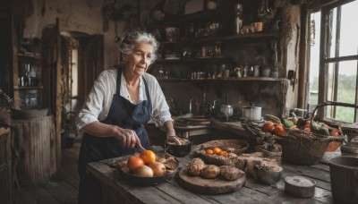 solo,smile,short hair,open mouth,shirt,1boy,standing,white shirt,white hair,grey hair,male focus,food,day,indoors,apron,cup,window,fruit,facial hair,scar,table,bottle,knife,beard,plate,sleeves rolled up,bowl,wooden floor,realistic,apple,basket,bread,old,old man,cooking,orange (fruit),kitchen,vegetable,counter,cutting board,onion,1girl,holding,hair bun,chair,single hair bun,holding knife,carrot,sleeves pushed up,old woman,potato,kitchen knife,wrinkled skin