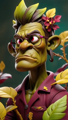 solo,brown hair,shirt,hair ornament,red eyes,1boy,closed mouth,collarbone,upper body,flower,male focus,glasses,collared shirt,hair flower,blurry,buttons,colored skin,frown,leaf,thick eyebrows,green background,green skin,yellow skin,plant girl,wrinkled skin,pink shirt,mohawk