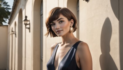 1girl,solo,breasts,looking at viewer,smile,short hair,bangs,brown hair,dress,cleavage,bare shoulders,brown eyes,jewelry,medium breasts,collarbone,upper body,earrings,small breasts,outdoors,parted lips,teeth,sleeveless,day,necklace,blurry,black dress,lips,no bra,sleeveless dress,blurry background,shadow,building,realistic,nose,plunging neckline,thick eyebrows,evening gown