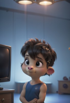 solo,smile,short hair,brown hair,shirt,hair ornament,1boy,animal ears,closed mouth,upper body,male focus,sleeveless,pointy ears,hairclip,indoors,blurry,black eyes,sleeveless shirt,blurry background,tank top,blue shirt,messy hair,child,furry,female child,furry male,male child,television,blue tank top,blush,blue eyes,bare shoulders,lamp,deer ears