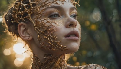 1girl,solo,short hair,brown hair,outdoors,parted lips,teeth,blurry,lips,grey eyes,depth of field,blurry background,looking away,looking up,portrait,freckles,realistic,nose,gold,blue eyes,hair ornament,jewelry,looking to the side,eyelashes,close-up,gold trim,looking afar,bokeh,updo