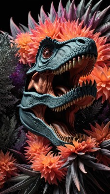 solo,open mouth,red eyes,flower,teeth,tongue,no humans,fangs,sharp teeth,black background,monster,dragon,scales,leaf,realistic,dinosaur