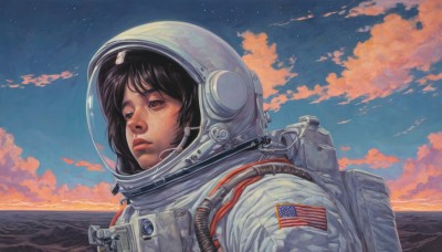 1girl,solo,bangs,black hair,brown eyes,upper body,outdoors,sky,cloud,signature,bag,lips,backpack,helmet,cloudy sky,portrait,star (sky),starry sky,sunset,mountain,realistic,nose,american flag,spacesuit,japanese flag,space helmet,astronaut,brown hair,moon,scenery,science fiction,space,planet,flag print,united states,american flag print