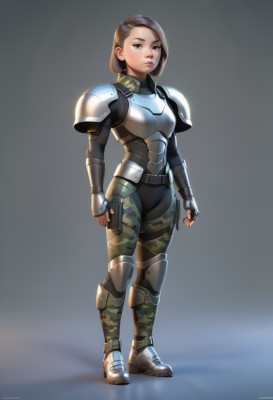 1girl,solo,looking at viewer,short hair,brown hair,gloves,brown eyes,closed mouth,standing,full body,weapon,boots,black gloves,belt,pants,artist name,fingerless gloves,grey background,armor,lips,gun,military,shoulder armor,clenched hands,pauldrons,breastplate,arms at sides,knee pads,shoulder pads,camouflage,simple background,earrings,signature,bodysuit,pouch,realistic,nose,hair behind ear,armored boots