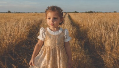 1girl,solo,looking at viewer,short hair,brown hair,hair ornament,dress,brown eyes,standing,flower,short sleeves,outdoors,parted lips,sky,day,white dress,blurry,lips,blurry background,child,realistic,skirt hold,female child,field,blue sky,looking to the side,looking away