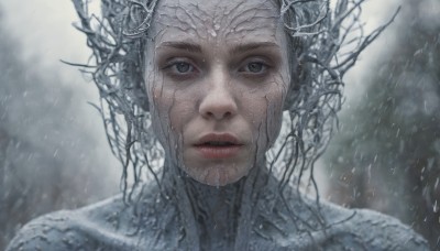 1girl,solo,looking at viewer,brown eyes,closed mouth,outdoors,parted lips,blurry,tree,lips,grey eyes,blurry background,portrait,snow,rain,realistic,straight-on,bare tree,black eyes,expressionless,close-up,science fiction,grey theme