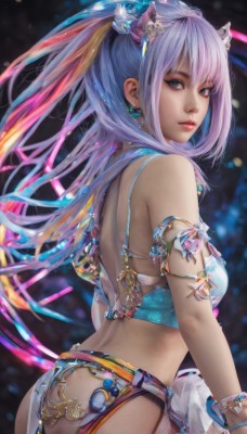 1girl,solo,long hair,breasts,looking at viewer,bangs,blue eyes,hair ornament,bare shoulders,twintails,jewelry,medium breasts,underwear,pink hair,purple hair,ass,multicolored hair,cowboy shot,earrings,parted lips,looking back,bra,blurry,bracelet,lips,makeup,gem,armlet,realistic,nose,blue bra,blonde hair,closed mouth,blue hair,standing,swimsuit,ponytail,grey hair,sidelocks,bikini,midriff,artist name,from behind,from side,streaked hair,crop top,looking to the side,eyelashes,blurry background,back,eyeliner,mascara