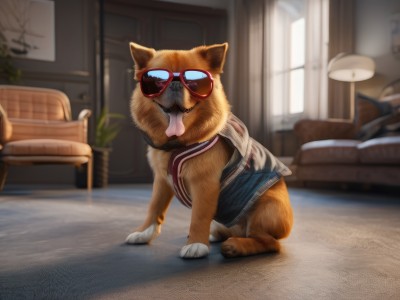 solo,standing,jacket,full body,glasses,shorts,day,indoors,blurry,no humans,window,depth of field,blurry background,animal,chair,mouth hold,table,cat,sunglasses,plant,denim,curtains,couch,red-framed eyewear,dog,realistic,potted plant,lamp,animal focus,clothed animal,looking at viewer,signature,bed,blue jacket,eyewear on head,bedroom,armchair,denim jacket