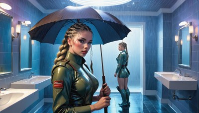 long hair,breasts,looking at viewer,blue eyes,multiple girls,blonde hair,brown hair,long sleeves,holding,2girls,medium breasts,closed mouth,standing,jacket,ponytail,ass,braid,boots,necktie,shorts,belt,indoors,uniform,lips,wet,military,military uniform,makeup,umbrella,knee boots,reflection,rain,blue footwear,mirror,green jacket,holding umbrella,nose,door,tiles,bathroom,bathtub,tile wall,sink,faucet,blush,realistic