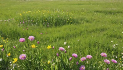 flower,outdoors,day,no humans,grass,white flower,nature,scenery,pink flower,yellow flower,purple flower,field,flower field,signature,plant,still life