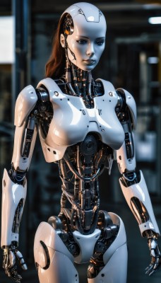 1girl,solo,long hair,breasts,looking at viewer,blue eyes,brown hair,medium breasts,standing,cowboy shot,blurry,lips,blurry background,robot,science fiction,android,joints,cable,cyborg,robot joints,cyberpunk,mechanical parts,humanoid robot,nude,small breasts,expressionless,realistic,nose,bald,damaged