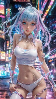 1girl,solo,long hair,breasts,looking at viewer,smile,bangs,blue eyes,large breasts,hair ornament,thighhighs,navel,cleavage,bare shoulders,twintails,jewelry,medium breasts,closed mouth,underwear,blue hair,standing,collarbone,panties,pink hair,ahoge,multicolored hair,cowboy shot,midriff,necklace,stomach,nail polish,white panties,blurry,collar,two-tone hair,white thighhighs,lips,streaked hair,crop top,makeup,detached collar,blurry background,piercing,contrapposto,city,realistic,navel piercing,cyberpunk,neon lights,swimsuit,bikini,outdoors,shiny,artist name,signature,tattoo,thigh strap,night,watermark,white bikini,building,web address,pink nails,armlet,science fiction,android,road,cityscape,cyborg,street,city lights