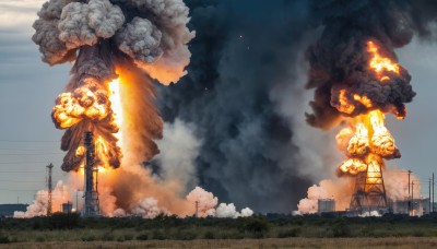 outdoors,sky,day,cloud,no humans,cloudy sky,grass,fire,building,scenery,smoke,city,giant,explosion,power lines,utility pole,burning,destruction,blue sky