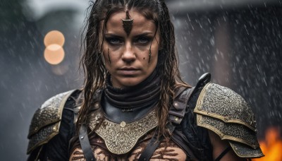 1girl,solo,long hair,breasts,looking at viewer,brown hair,black hair,upper body,outdoors,parted lips,armor,mole,blurry,black eyes,lips,wet,grey eyes,tattoo,blurry background,scar,shoulder armor,portrait,rain,pauldrons,breastplate,realistic,wet hair,gorget,chainmail,facial tattoo