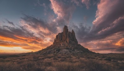 outdoors,sky,cloud,blue sky,no humans,cloudy sky,grass,scenery,sunset,rock,mountain,horizon,landscape,orange sky,cliff