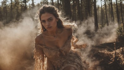 1girl,solo,long hair,breasts,looking at viewer,brown hair,black hair,dress,cleavage,bare shoulders,brown eyes,jewelry,medium breasts,collarbone,outdoors,parted lips,dark skin,necklace,off shoulder,white dress,dark-skinned female,tree,lips,nature,forest,smoke,running,realistic,dirty,fog,dust,blue eyes,teeth,day,sunlight