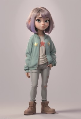 1girl,solo,looking at viewer,short hair,bangs,simple background,brown hair,shirt,long sleeves,closed mouth,green eyes,standing,jacket,full body,white shirt,grey hair,boots,open clothes,pants,artist name,medium hair,grey background,star (symbol),open jacket,lips,grey eyes,torn clothes,shadow,watermark,brown footwear,denim,blue jacket,child,arm at side,hand in pocket,jeans,female child,star print,grey pants,torn pants,torn jeans,smile,white background,shoes,signature,thick eyebrows,web address,nose