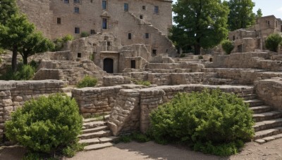 outdoors,sky,day,tree,no humans,window,shadow,grass,plant,building,scenery,stairs,road,bush,wall,ruins,house,brick wall,cloud,blue sky,path,stone stairs