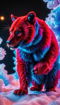 solo,blue eyes,standing,full body,sky,cloud,no humans,night,animal,fangs,moon,cat,cloudy sky,night sky,claws,realistic,animal focus,whiskers,tiger,looking at viewer,outdoors,full moon,sun