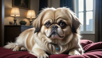 HQ,solo,looking at viewer,brown eyes,jewelry,closed mouth,lying,indoors,necklace,blurry,collar,pillow,no humans,window,bed,depth of field,blurry background,animal,on bed,curtains,pendant,dog,realistic,lamp,animal focus,bird,animal collar