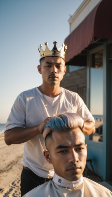 looking at viewer,short hair,shirt,1boy,brown eyes,jewelry,closed mouth,blue hair,standing,white shirt,short sleeves,male focus,multicolored hair,outdoors,multiple boys,day,pants,2boys,necklace,blurry,black eyes,blurry background,facial hair,black pants,crown,t-shirt,building,realistic,mustache,manly,photo background,real life insert,black hair,one eye closed,beard,undercut