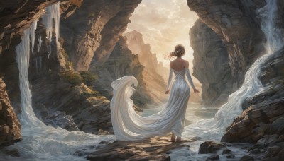 1girl,solo,long hair,brown hair,long sleeves,dress,bare shoulders,standing,braid,outdoors,detached sleeves,sky,barefoot,cloud,water,from behind,white dress,floating hair,back,sunlight,cloudy sky,wind,scenery,walking,rock,mountain,backless outfit,long dress,arms at sides,facing away,backless dress,waterfall,cliff,blonde hair,jewelry,bracelet,bird