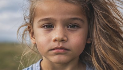 1girl,solo,long hair,looking at viewer,blonde hair,brown hair,brown eyes,closed mouth,outdoors,day,blurry,lips,depth of field,blurry background,expressionless,messy hair,portrait,close-up,freckles,realistic,nose,sky,eyelashes,floating hair,wind,dirty