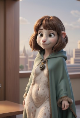 1girl,solo,breasts,looking at viewer,smile,short hair,bangs,brown hair,long sleeves,navel,animal ears,brown eyes,jewelry,closed mouth,standing,small breasts,outdoors,sky,day,artist name,cloud,indoors,hood,medium hair,necklace,cape,blurry,flat chest,loli,blurry background,hood down,building,cloak,furry,freckles,furry female,animal nose,green cape,dress,table,robe