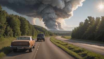 outdoors,sky,day,cloud,tree,blue sky,no humans,sunlight,cloudy sky,grass,ground vehicle,nature,scenery,motor vehicle,forest,smoke,dog,mountain,sun,car,road,bush,vehicle focus,explosion,landscape