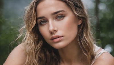 1girl,solo,long hair,looking at viewer,blonde hair,brown hair,bare shoulders,brown eyes,parted lips,blurry,lips,grey eyes,depth of field,blurry background,wavy hair,messy hair,portrait,close-up,freckles,realistic,nose,outdoors,day,eyelashes,thick eyebrows,tank top