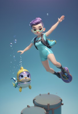 1girl,looking at viewer,smile,short hair,shirt,full body,purple hair,short sleeves,shoes,socks,dark skin,bag,hair bun,dark-skinned female,lips,pokemon (creature),bodysuit,single hair bun,backpack,outstretched arms,blue shirt,goggles,fish,bubble,underwater,spread arms,overalls,air bubble,swimming,diving mask,breasts,open mouth,brown eyes,small breasts,parted lips,teeth,artist name,black eyes,arm up,gradient,gradient background,animal,blue background,helmet,outstretched arm,sneakers,blue footwear,nose,creature,harness,wetsuit