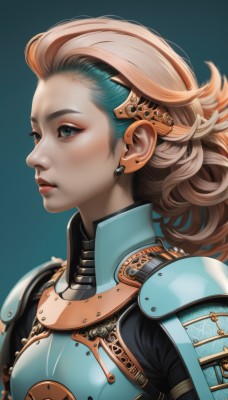 1girl,solo,long hair,short hair,blue eyes,blonde hair,simple background,brown hair,jewelry,green eyes,blue hair,upper body,multicolored hair,earrings,parted lips,armor,from side,lips,eyelashes,bodysuit,profile,makeup,blue background,looking away,lipstick,shoulder armor,eyeshadow,curly hair,pauldrons,breastplate,nose,red lips,eyeliner,looking afar,aqua background,power armor,gorget,closed mouth,two-tone hair,aqua eyes,aqua hair,forehead,realistic