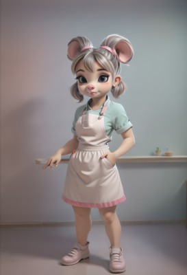 1girl,solo,looking at viewer,smile,short hair,skirt,shirt,dress,animal ears,twintails,jewelry,standing,full body,short sleeves,grey hair,earrings,shoes,artist name,indoors,nail polish,black eyes,apron,lips,makeup,white footwear,blue shirt,short twintails,sneakers,child,white apron,furry,pink skirt,cigarette,hand in pocket,mouse ears,green shirt,furry female,pink footwear,female child,mouse girl,aqua shirt,blue eyes,brown hair,holding,flat chest,nose,stud earrings,mouse