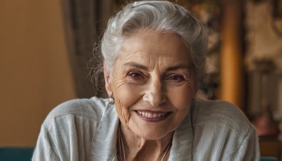 1girl,solo,looking at viewer,smile,open mouth,jewelry,upper body,white hair,grey hair,earrings,teeth,kimono,hair bun,grin,blurry,black eyes,lips,blurry background,single hair bun,portrait,realistic,old,old man,old woman,wrinkled skin,short hair,brown eyes,indoors,necklace,sweater,makeup,leaning forward,depth of field,lipstick