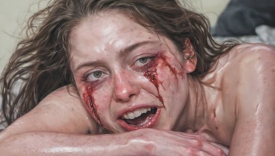 1girl,solo,long hair,looking at viewer,smile,open mouth,brown hair,nude,lying,teeth,tears,mole,blurry,black eyes,lips,grey eyes,blood,crying,on stomach,messy hair,injury,blood on face,realistic,brown eyes,tongue,blurry background,bed sheet,veins,nose,horror (theme)