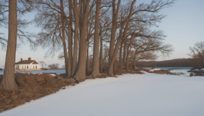 outdoors,sky,day,cloud,water,tree,blue sky,no humans,window,grass,building,nature,scenery,snow,forest,reflection,mountain,house,winter,bare tree,river,lake,monochrome,road,landscape