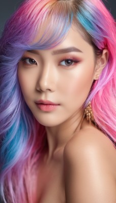 1girl,solo,long hair,breasts,looking at viewer,bangs,simple background,cleavage,bare shoulders,brown eyes,jewelry,medium breasts,closed mouth,blue hair,upper body,pink hair,multicolored hair,earrings,grey background,black eyes,two-tone hair,lips,eyelashes,gradient hair,makeup,lipstick,portrait,eyeshadow,realistic,nose,eyeliner,mascara,swept bangs