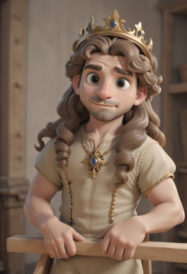 solo,long hair,looking at viewer,smile,brown hair,1boy,dress,brown eyes,jewelry,closed mouth,upper body,short sleeves,male focus,indoors,necklace,blurry,blurry background,facial hair,drill hair,thick eyebrows,crown,gem,child,beard,curly hair,mustache,male child,sitting,standing,puffy sleeves,artist name,puffy short sleeves,lips,depth of field,watermark,chair