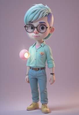 solo,looking at viewer,short hair,simple background,shirt,1boy,jewelry,blue hair,standing,full body,purple hair,male focus,heart,multicolored hair,shoes,glasses,collared shirt,belt,pants,artist name,black eyes,bracelet,two-tone hair,lips,grey eyes,watermark,denim,child,personification,black-framed eyewear,watch,jeans,wristwatch,humanization,1girl,brown eyes