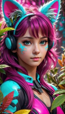 1girl,solo,long hair,breasts,looking at viewer,bangs,animal ears,cleavage,closed mouth,green eyes,upper body,pink hair,purple hair,shiny,artist name,cat ears,blurry,lips,eyelashes,makeup,depth of field,blurry background,fake animal ears,headphones,leaf,watermark,facial mark,plant,lipstick,portrait,web address,eyeshadow,freckles,pink lips,nose,eyeliner,whisker markings,mascara,animal ear headphones,cat ear headphones,fox ears,realistic,facepaint