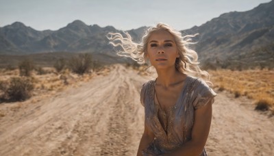 1girl,solo,long hair,breasts,looking at viewer,blonde hair,dress,jewelry,collarbone,upper body,white hair,short sleeves,earrings,outdoors,parted lips,day,dark skin,blurry,lips,floating hair,blurry background,wavy hair,wind,scenery,mountain,realistic,field,photo background,teeth,necklace