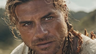 solo,long hair,looking at viewer,brown hair,1boy,brown eyes,closed mouth,braid,male focus,outdoors,blurry,blurry background,facial hair,portrait,beard,close-up,realistic,mustache,smile,blonde hair,jewelry,earrings,multiple boys,day,lips,depth of field,scar,scar on face,manly